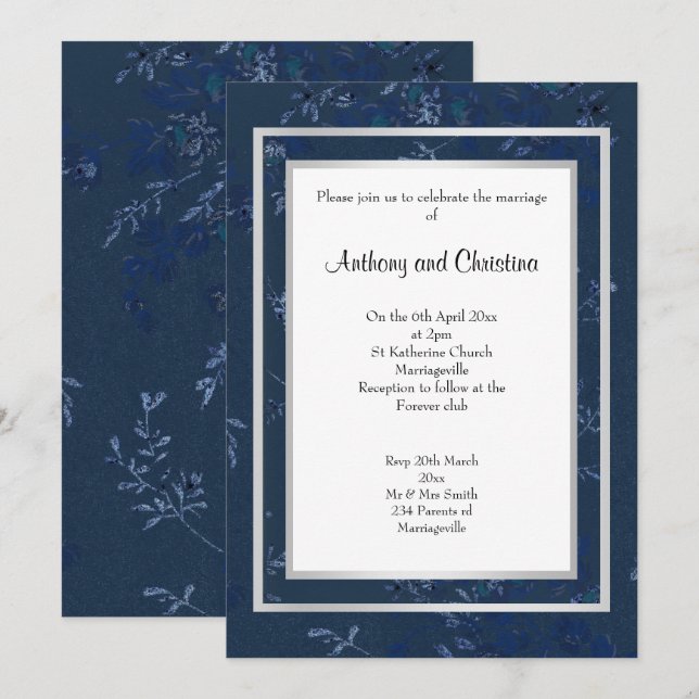INVITATION ARGENT BLEU DE LA MARINE LAYER FLOTTANT ÉLÉGANT MA (Devant / Derrière)