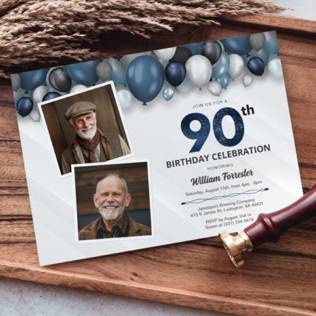 Invitation Argent bleu noir et blanc 90e anniversaire 2 photo (Blue Silver Black & White 90th Birthday 2 Photo Invitation)