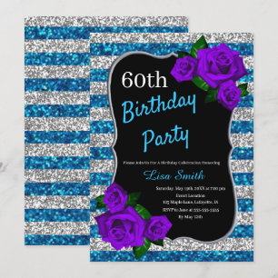 Invitation Argent Bleu Parties scintillant Violet Roses