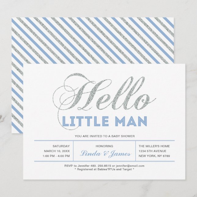 Invitation Argent, bleu | Typographie moderne Baby shower gar (Devant / Derrière)