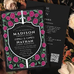 Invitation Argent Burgundy Sword Shield Imaginaire QR Mariage