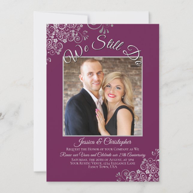 Invitation Argent & Cassis Nous Faisons Toujours Mariage Vow  (Devant)