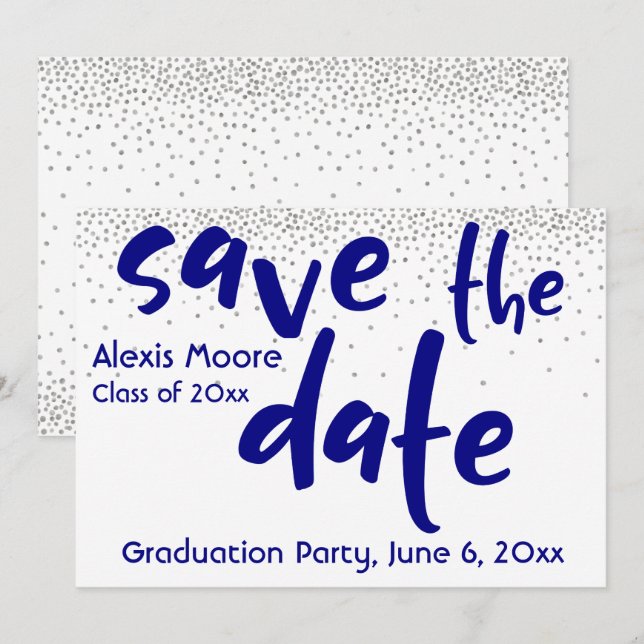 Invitation Argent Confetti Marine Typographie Enregistrer la  (Devant / Derrière)