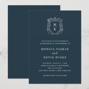 Invitation Argent Crest Élégant Mariage bleu nuit