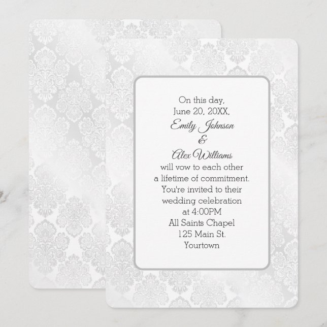 Invitation Argent Damask Shimmer Mariage Floral Design (Devant / Derrière)
