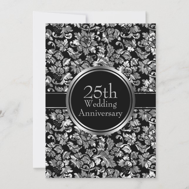 Invitation Argent Damask sur Arrière - plan noir (Devant)