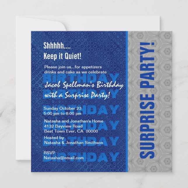Invitation Argent de bleu de fête d'anniversaire de surprise (Devant)