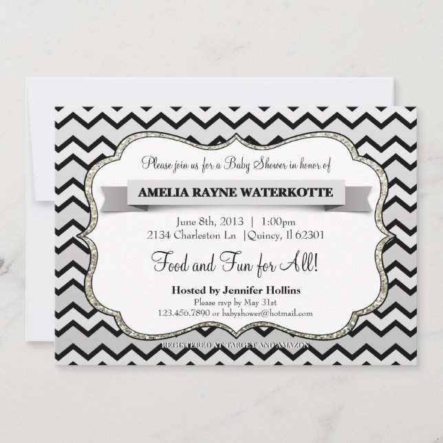 Invitation Argent de parties scintillantes et baby shower (Devant)