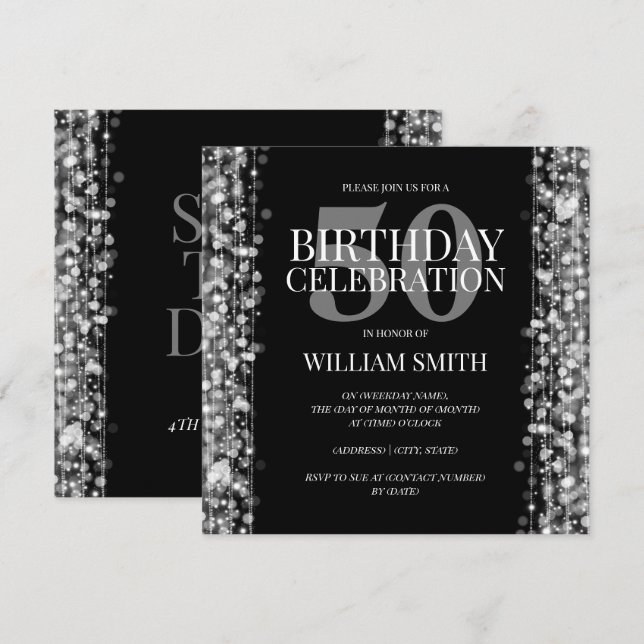 Invitation Argent d'étincelles de fête d'anniversaire des (Devant / Derrière)