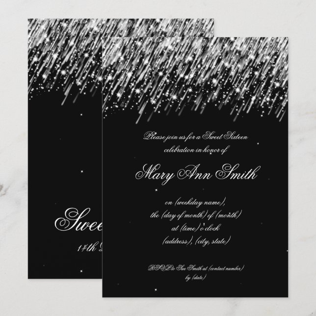 Invitation Argent d'étoiles filantes de fête d'anniversaire (Devant / Derrière)