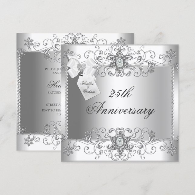 Invitation Argent Diamant Blanc 25e Anniversaire (Devant / Derrière)