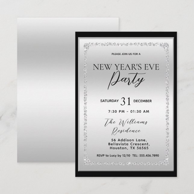 Invitation Argent & Diamant Noir encadré Réveillon du Nouvel  (Devant / Derrière)