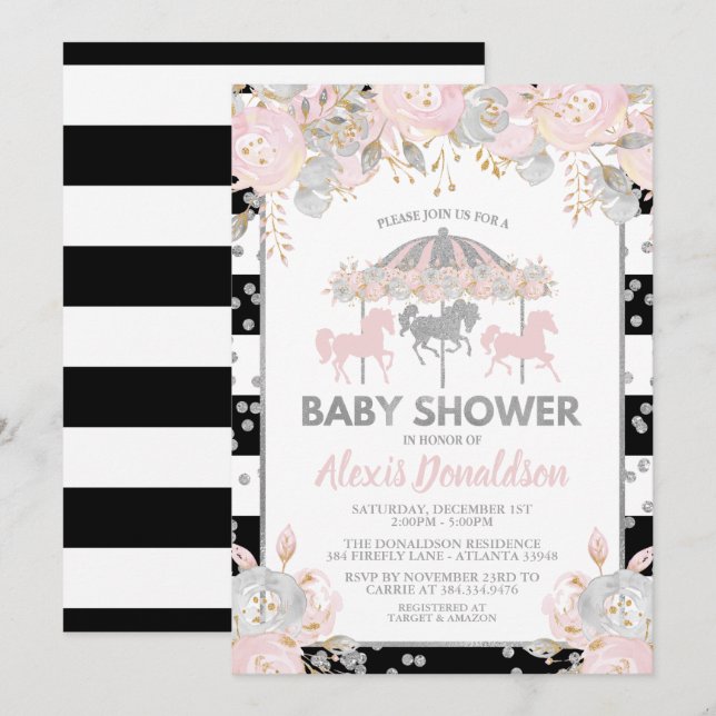 Invitation Argent d'invitation de baby shower de carrousel (Devant / Derrière)