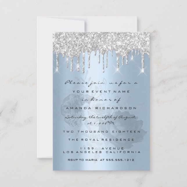 Invitation Argent Drips Roses Bleu Fumé Mariage 16e (Devant)