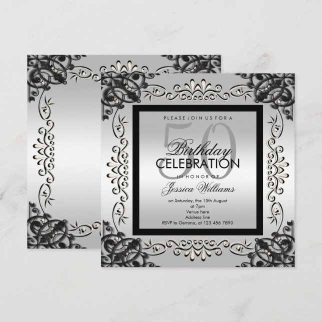 Invitation Argent élégant et anniversaire des femmes de (Devant / Derrière)