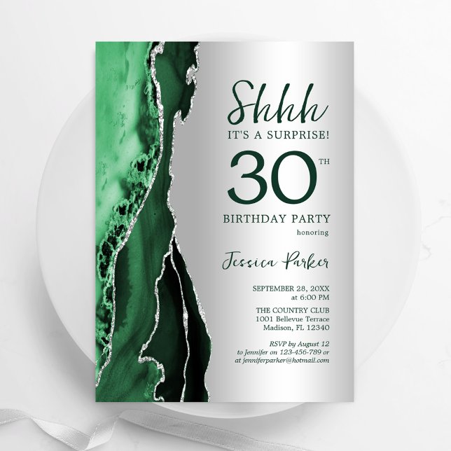 Invitation Argent Emerald Green Agate Surprise 30e anniversai (Créateur téléchargé)