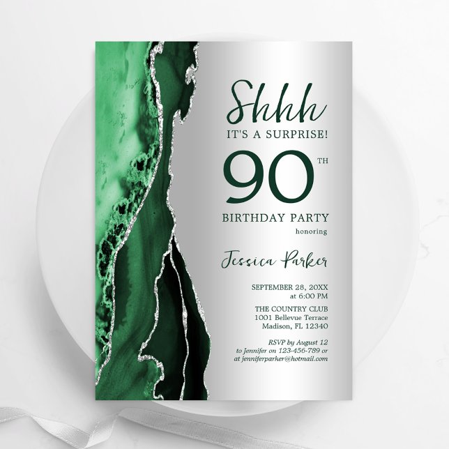 Invitation Argent Emerald Green Agate Surprise 90e anniversai (Créateur téléchargé)