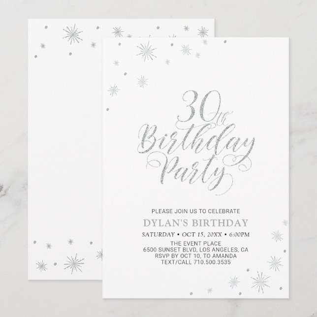 Invitation Argent et blanc | Modern Chic 30th Birthday Party (Devant / Derrière)