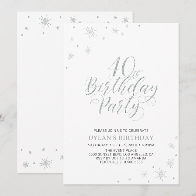 Invitation Argent et blanc | Modern Chic 40th Birthday Party (Devant / Derrière)