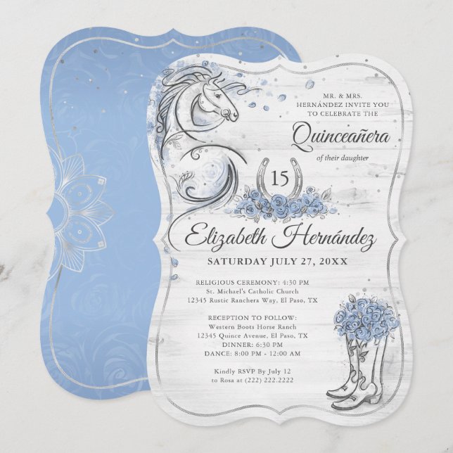 Invitation Argent et bleu clair coing Rustique Cheval Anniver (Devant / Derrière)