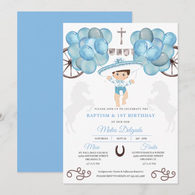 Invitation Argent et bleu Mexicain bébé garçon Charro Baptême (Devant / Derrière)