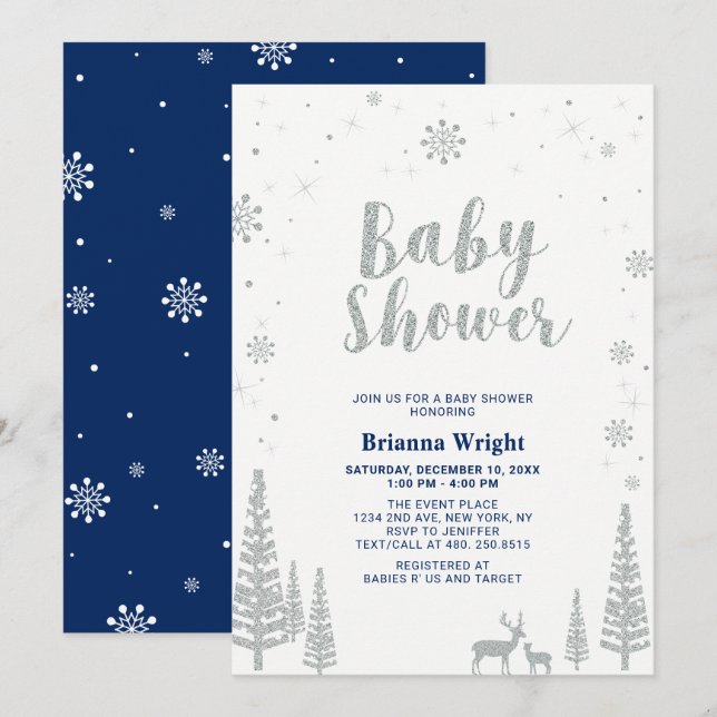 Invitation Argent et Marine Hiver Wonderland Baby shower garç (Devant / Derrière)