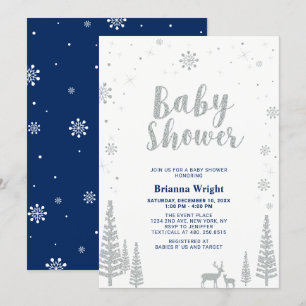 Invitation Argent et Marine Hiver Wonderland Baby shower garç