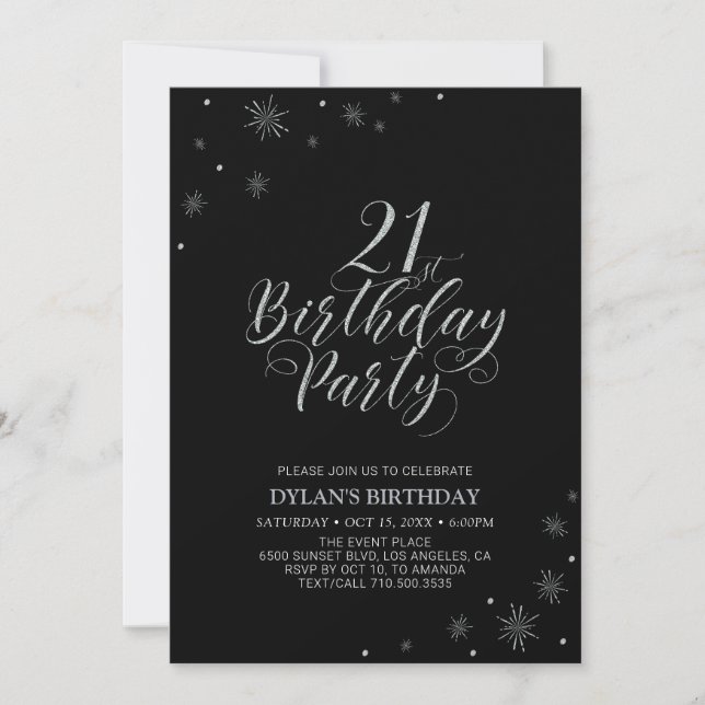 Invitation Argent et noir | Modern Chic 21e fête d'anniversai (Devant)