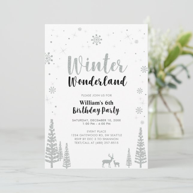 Invitation Argent et Noir Wonderland Boy Anniversaire (Debout devant)