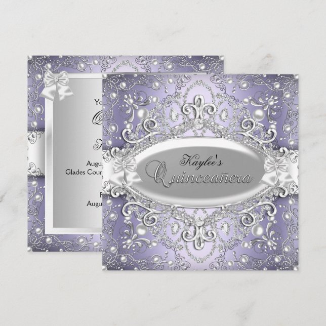 Invitation Argent et pourpre Damask Pearl Quinceanera Invitat (Devant / Derrière)