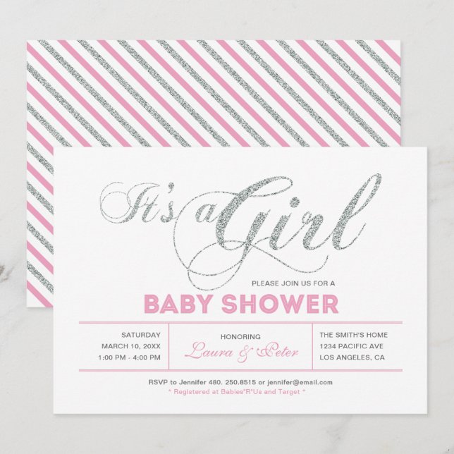 Invitation Argent et rose | Fille, Baby shower de typographie (Devant / Derrière)