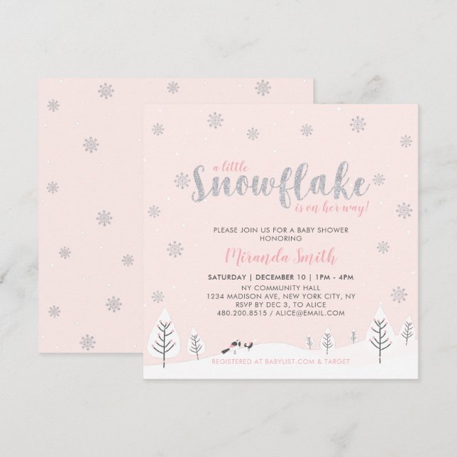 Invitation Argent et rose hiver Wonderland fille Baby shower  (Devant / Derrière)