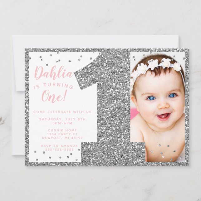 Invitation Argent et rose Parties scintillant Faux Premier an (Devant)