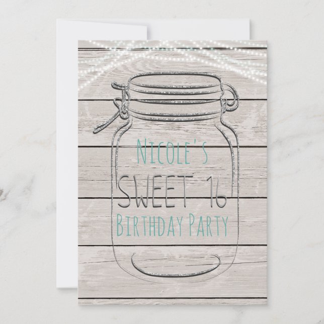 Invitation Argent Faux Parties scintillant Mason Jar Sweet 16 (Devant)