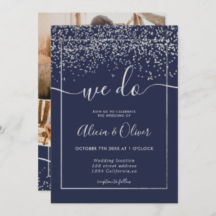 Invitation Argent feuille marine bleu photo initiales mariage