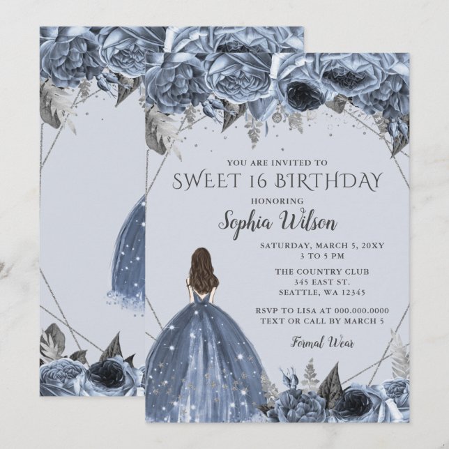 Invitation Argent floral Dusty Blue Spakle Robe Douce 16 (Devant / Derrière)