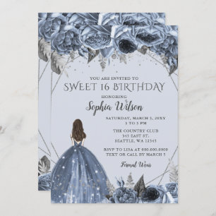 Invitation Argent floral Dusty Blue Spakle Robe Douce 16