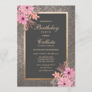 Invitation Argent Floral Feuille Aquarelle Parties scintillan