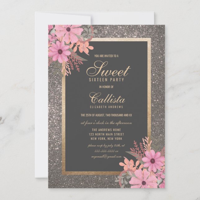 Invitation Argent Floral Feuille Aquarelle Parties scintillan (Devant)