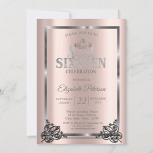 Invitation Argent Frame, Bordure, Tiara Rose Gold Sweet 16