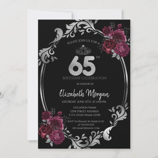 Invitation Argent Frame Bourgogne Rose Noir 65e anniversaire (Devant)