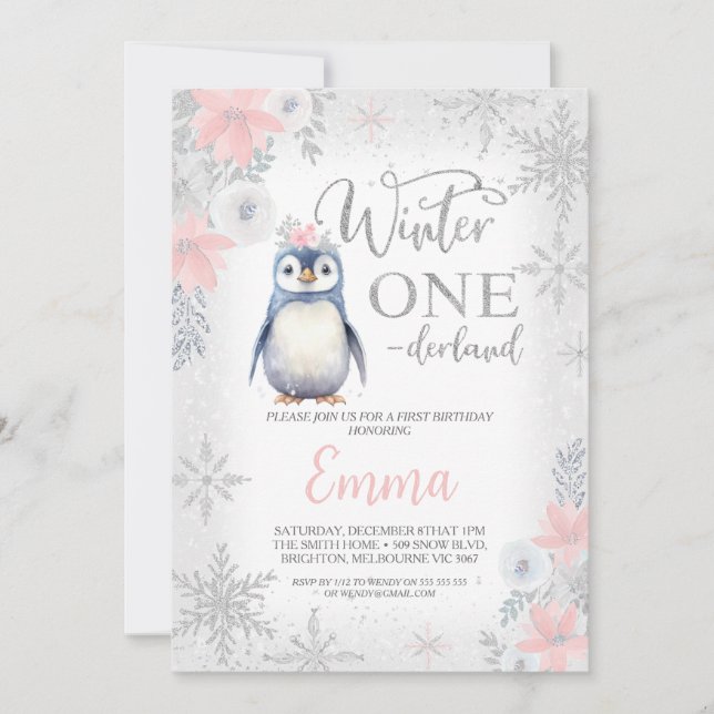 Invitation Argent Girl Penguin Hiver Onederland Anniversaire (Devant)