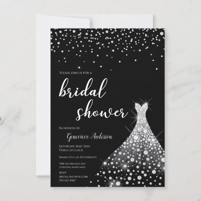 Invitation Argent glamour sur Fête des mariées noire (Devant)