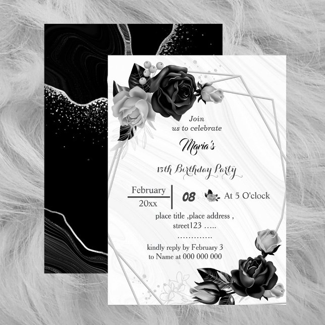 Invitation argent gris et fleurs noires anniversaire géométri (Créateur téléchargé)