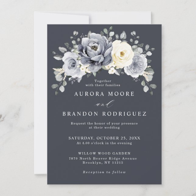Invitation Argent Gris ivoire Floral hiver Rustique Mariage I (Devant)