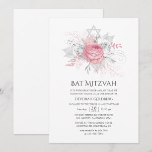 Invitation Argent iridescent et rose floral Bat Mitzvah