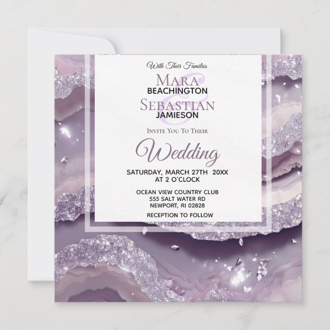 Invitation *~* ARGENT LAVENDER QR AGATE RSVP AR66 Mariage (Devant)