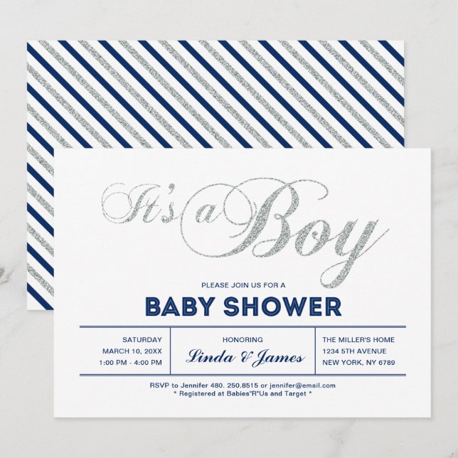 Invitation Argent, Marine | Typographie moderne Baby shower g (Devant / Derrière)