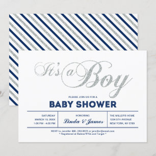 Invitation Argent, Marine   Typographie moderne Baby shower g