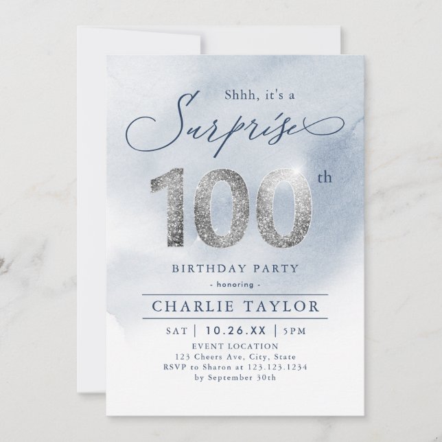 Invitation Argent moderne adulte surprise 100e anniversaire (Devant)